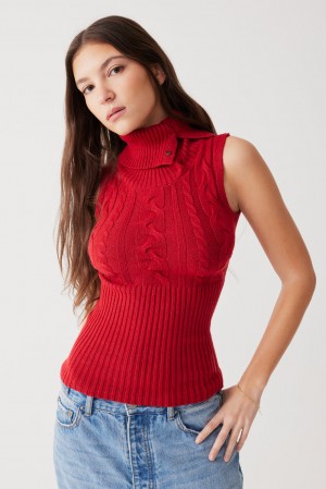 Frankies Bikinis Axel Cable Cloud Knit Sleeveless Sweater Kırmızı | 936478YUN