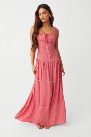 Frankies Bikinis Christabelle Ruffle Maxi Dress Ladybug Gingham | 462895GMY