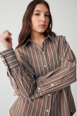 Frankies Bikinis Griffin Striped Button Up Shirt Ocean Stone | 632084SYF