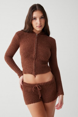Frankies Bikinis Harlowe Fuzzy Zip Up Hoodie Çikolata | 267340KMN