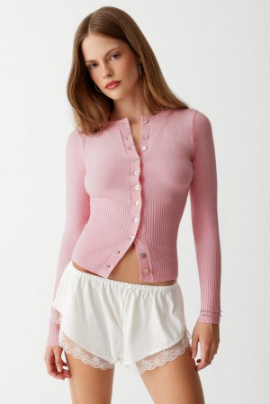 Frankies Bikinis Lenon Cloud Knit Button Up Cardigan Pembe | 395214PLX