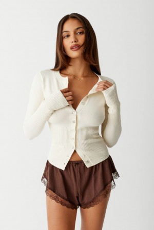 Frankies Bikinis Lenon Cloud Knit Button Up Cardigan Porcelain | 749251YGQ