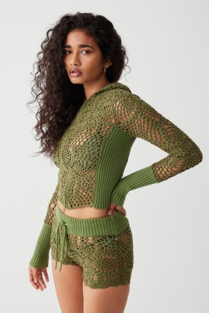 Frankies Bikinis Lyla Crochet Zip Up Hoodie Sea Moss | 371285HSB