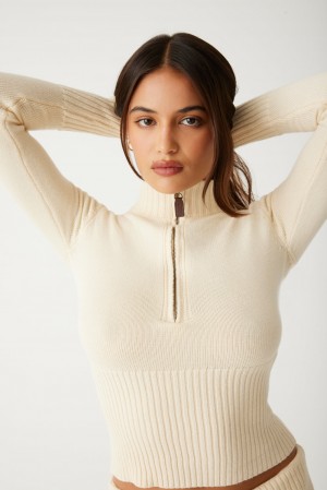 Frankies Bikinis Maverick Cloud Knit Half Zip Sweater French Vanilla | 982453ERB