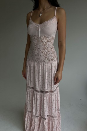 Frankies Bikinis Vineyard Crochet Floral Maxi Dress Pembe | 486259GWQ